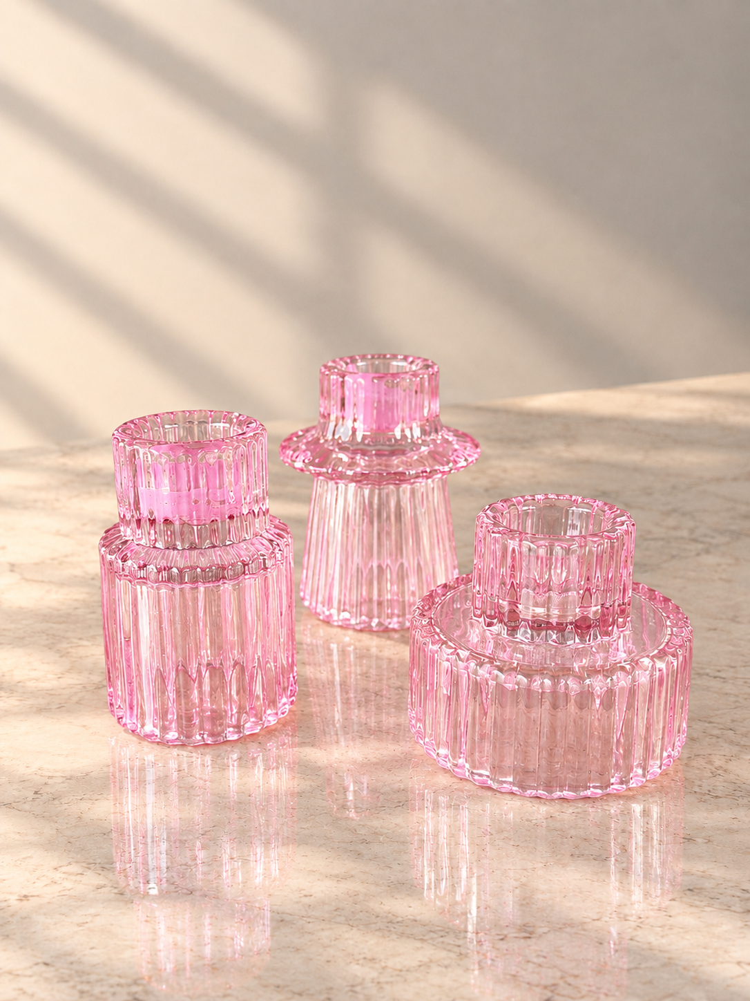 Lot de 3 bougeoirs cannelés en location - coloris rose